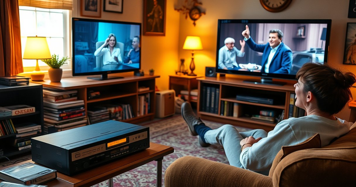 A cozy living room featuring a vintage VHS player connected to a modern smart TV, surrounded by a nostalgic collection of VHS tapes. Soft warm lighting casts a glow on the retro decor, while a person joyfully reacts to a classic movie playing on the screen, blending old-school charm with contemporary technology.