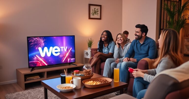 A cozy living room scene with a stylish smart TV displaying the WE TV logo, surrounded by snacks and drinks on a coffee table. A family of diverse individuals, laughing and enjoying a movie night, with soft ambient lighting and plush couches, creating a warm, inviting atmosphere that highlights the joy of free entertainment.