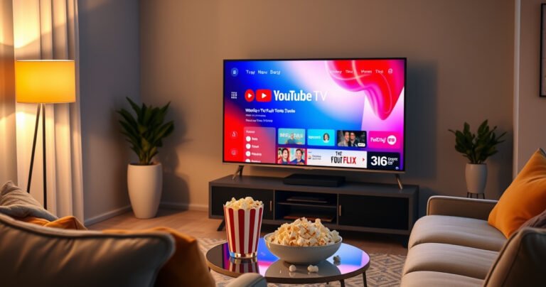 A cozy living room scene featuring a sleek smart TV displaying the vibrant YouTube TV interface, surrounded by a plush sofa, a bowl of popcorn on a stylish coffee table, and soft ambient lighting casting a warm glow, inviting viewers to dive into their favorite shows and channels effortlessly.