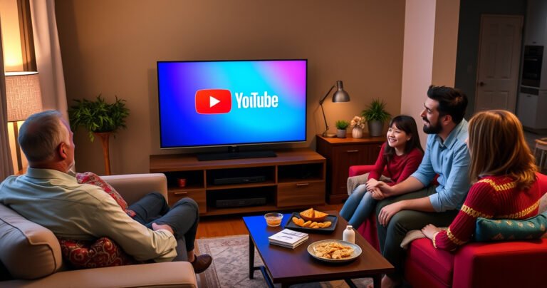 A cozy living room with a sleek Samsung smart TV displaying the YouTube logo, a comfortable couch adorned with colorful cushions, a coffee table with snacks, and a friendly family gathered around, enjoying their viewing experience. Soft ambient lighting casts a warm glow, inviting viewers into the world of streaming entertainment.