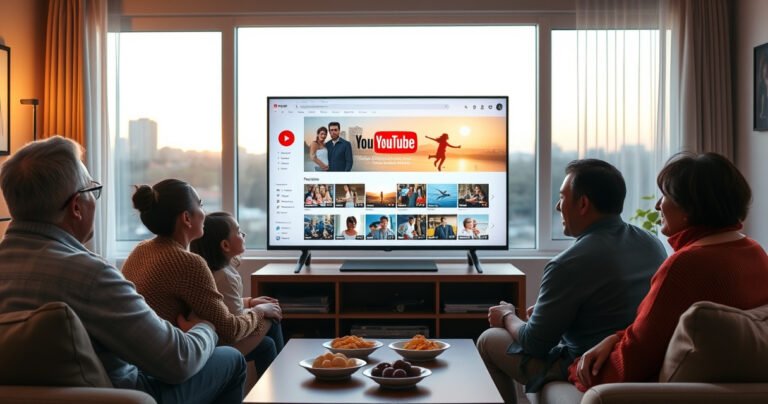 A cozy living room scene featuring a modern smart TV displaying the YouTube interface, surrounded by family members of diverse backgrounds, eagerly engaged in selecting videos. Soft lighting casts a warm glow, with snacks on a coffee table and a window showing a sunset outside, creating an inviting atmosphere for a shared viewing experience.