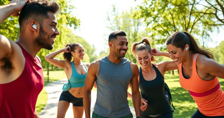 A close-up of a diverse group of athletes in dynamic poses, all wearing Bose Sports Earbuds. Each person shows various ways to wear them comfortably, with a vibrant, energetic background of a sunny park filled with greenery, sports gear, and an inviting path, embodying an active lifestyle and sound quality excellence.
