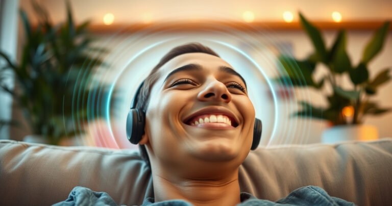A close-up of a person comfortably wearing sleek bud earphones, immersed in vibrant sound waves that visually surround them. The background features a cozy, modern living space with warm lighting, potted plants, and soft textures, emphasizing relaxation and enjoyment. The person's expression radiates bliss, highlighting the connection between comfort and quality sound.