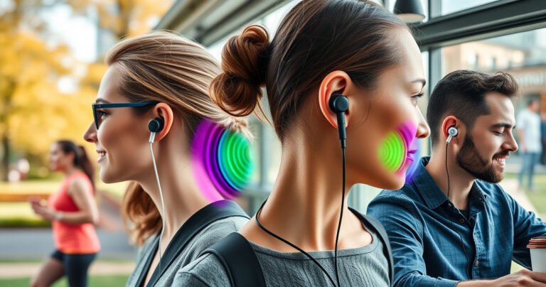 A close-up of a diverse group of people wearing stylish earphones in various settings—jogging in a vibrant park, commuting on a busy train, and relaxing at a café. Each person showcases proper earphone fit and posture, with colorful sound waves visually emanating from the devices, emphasizing safety and comfort in their listening experience.