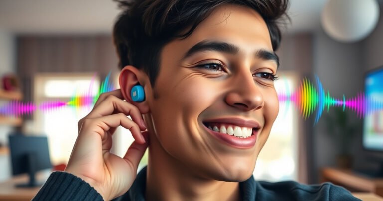 A close-up of a stylish young person wearing vibrant JBL earbuds, surrounded by a cozy, tech-savvy workspace. Soft light highlights the earbuds' sleek design while the person adjusts them comfortably, showcasing a relaxed smile. In the background, colorful sound waves visually emanate from the earbuds, symbolizing the perfect audio experience.