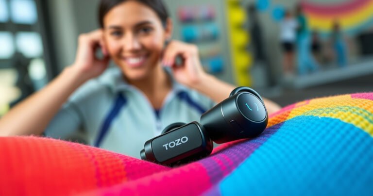 A close-up of stylish TOZO T6 earbuds nestled in a vibrant, textured fabric, showcasing their sleek design. In the background, a person demonstrates a secure fit by adjusting the earbuds while smiling, with colorful workout gear and energetic surroundings hinting at an active lifestyle. Soft lighting accentuates the earbuds' glossy finish and dynamic atmosphere.
