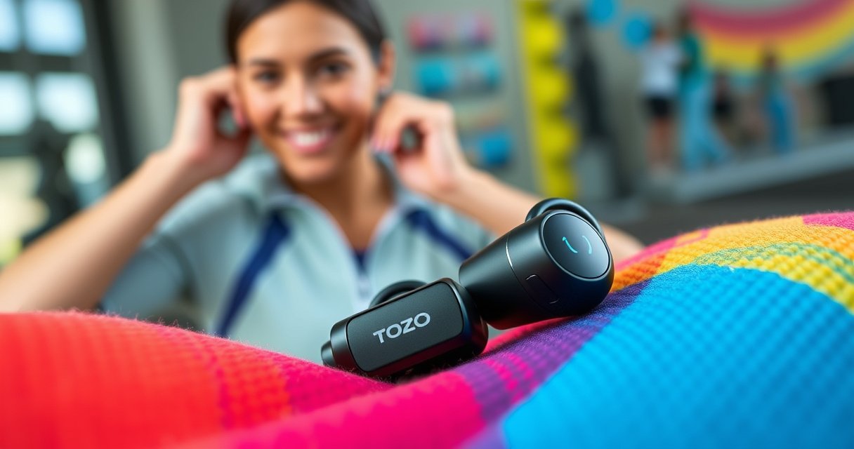 A close-up of stylish TOZO T6 earbuds nestled in a vibrant, textured fabric, showcasing their sleek design. In the background, a person demonstrates a secure fit by adjusting the earbuds while smiling, with colorful workout gear and energetic surroundings hinting at an active lifestyle. Soft lighting accentuates the earbuds' glossy finish and dynamic atmosphere.