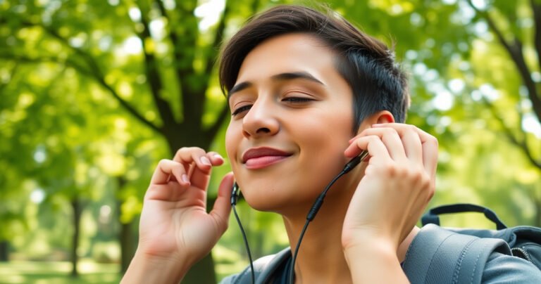 A close-up of a person adjusting colorful earphones in a serene park, showcasing the perfect fit around their ears. Soft sunlight filters through lush green trees, highlighting the relaxed expression on their face as they focus on comfort and safety. Nearby, a stylish backpack and a water bottle suggest an active lifestyle.