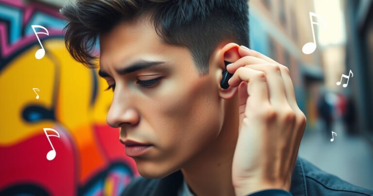 A close-up of a stylish individual in a vibrant urban setting, adjusting sleek wireless earphones. Their expression reflects focus and comfort, with colorful city graffiti in the background. Soft light highlights the earphones and the person's ear, showcasing a perfect fit. Surrounding elements hint at music, with subtle notes and sound waves artistically integrated.