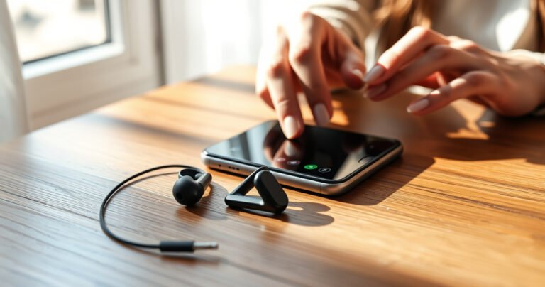 A close-up of sleek Bluetooth earphones resting on a wooden table, surrounded by a smartphone displaying a connection screen. Soft sunlight filters through a nearby window, casting gentle shadows. A pair of hands with a casual, relaxed demeanor effortlessly taps the phone, symbolizing ease of use in modern technology, with hints of a cozy home environment.