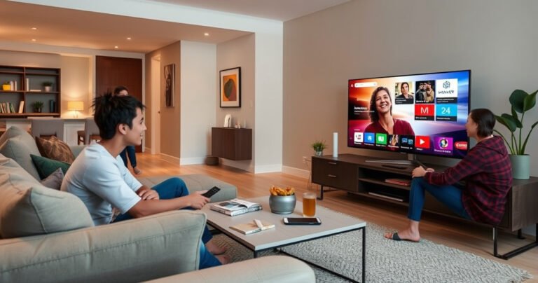 A sleek living room with a modern Samsung Smart TV displaying a vibrant home screen, surrounded by cozy furniture, soft lighting, and a stylish coffee table adorned with a remote, snacks, and a smartphone. A family member is happily interacting with the TV, showcasing seamless technology integration and a welcoming atmosphere.