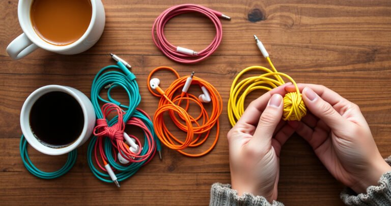 A colorful assortment of neatly wrapped earphones lies on a wooden table, accompanied by a cozy cup of coffee. The earphones are coiled in elegant loops, showcasing vibrant colors like teal, orange, and yellow, while a pair of hands delicately demonstrate the wrapping technique, highlighting the ease and simplicity of tangle-free organization.
