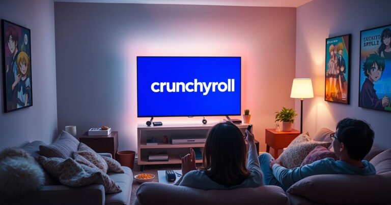 A cozy living room featuring an LG Smart TV displaying the Crunchyroll logo, surrounded by plush cushions and snacks. Soft lighting casts a warm glow over the scene, while a person excitedly interacts with the remote, colorful anime posters adorn the walls, creating an inviting atmosphere for streaming anime bliss.