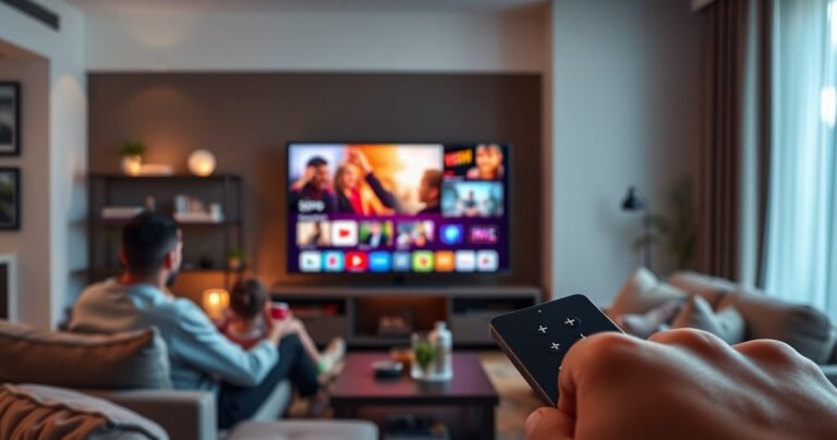 A modern living room showcasing a sleek Element TV displaying vibrant streaming content, surrounded by cozy furnishings. Soft ambient lighting enhances the scene, with a family enjoying movie night. Include a close-up of a remote with app icons, emphasizing smart features. The atmosphere is inviting, blending technology with comfort in a stylish decor.