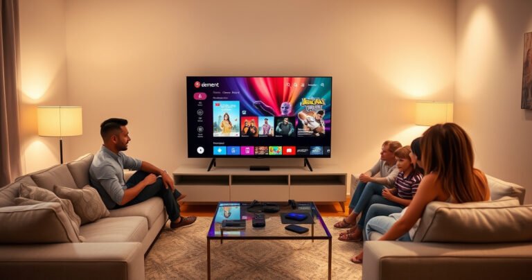 A sleek, modern living room featuring a vibrant Element smart TV displaying a colorful streaming interface. Soft, ambient lighting creates a cozy atmosphere, with a stylish sofa and a coffee table adorned with tech gadgets. A curious family gathers around, engaged in lively conversation, showcasing both the tech-savvy lifestyle and the essence of home entertainment.