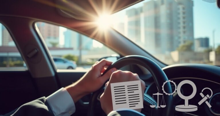 A close-up of a car interior showcasing a driver's hands on the steering wheel, wearing sleek earbuds, with a blurred urban landscape in the background. Sunlight streams through the windshield, casting dramatic shadows. A subtle overlay of legal documents and safety symbols hints at the article's theme of laws and regulations regarding driving with earbuds.