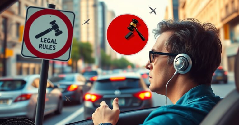 A concerned driver wearing stylish earphones in a vibrant cityscape, glancing nervously at a traffic sign indicating legal rules. Bright colors of the streets create a lively yet cautionary atmosphere, with blurred cars zipping by, and symbolic elements like a gavel and safety tips floating in the air to emphasize the article’s theme.
