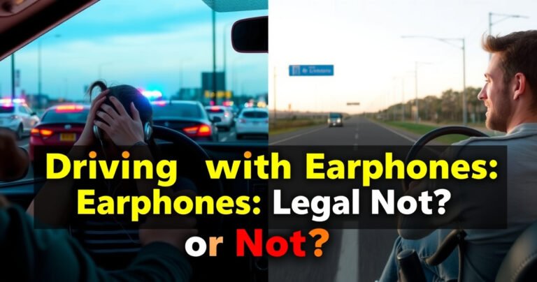 A split scene shows a worried driver wearing earphones on one side, surrounded by chaotic traffic and police lights, while the other side depicts a calm driver without earphones, enjoying a clear road. Bold text overlays the image reading "Driving with Earphones: Legal or Not?" in eye-catching colors, emphasizing safety and awareness.