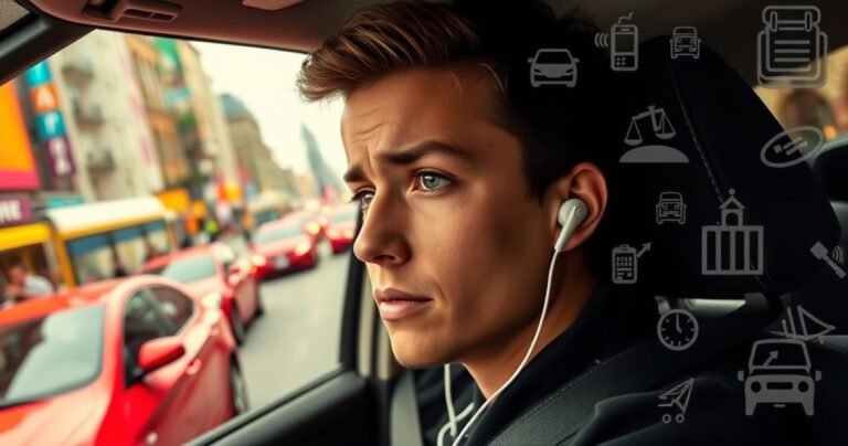 A close-up of a person driving with earbuds in, surrounded by vibrant city streets. The driver appears focused yet relaxed, with a hint of concern on their face. Around them, traffic flows with colorful cars and pedestrians. A faint overlay of legal symbols and safety icons subtly blends into the scene, emphasizing the article's theme.