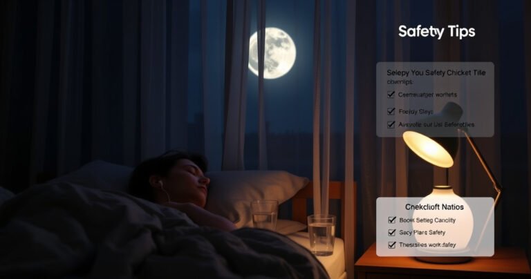 A cozy bedroom scene at night, featuring a person peacefully asleep with soft earbuds in, surrounded by gentle moonlight filtering through sheer curtains. A bedside table holds a glowing lamp and a glass of water, while safety tips and a checklist are subtly displayed in the background, hinting at both comfort and caution.