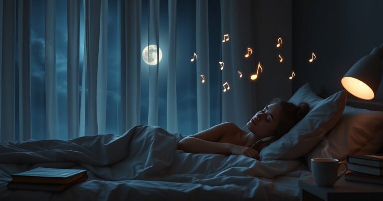 A serene bedroom scene at night, soft moonlight filtering through sheer curtains, a cozy bed adorned with plush pillows. A person peacefully asleep, earbuds nestled in their ears, surrounded by gentle melodies represented as glowing wisps drifting into the air. A calming atmosphere with books and a steaming cup of tea on the bedside table.