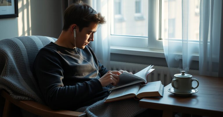 A serene workspace featuring a person comfortably using sleek wireless earphones while immersed in a book. Soft ambient light filters through a window, casting gentle shadows. Nearby, a steaming cup of tea sits on a wooden table, and a cozy blanket is draped over a chair, creating a tranquil atmosphere of daily routine.