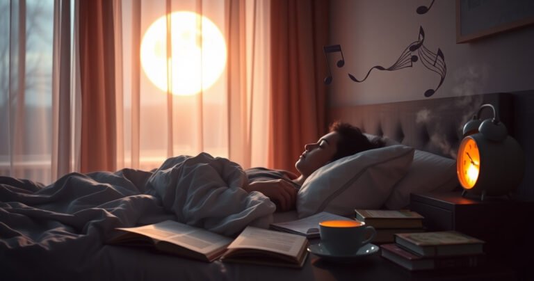 A cozy bedroom scene at night, soft moonlight filtering through sheer curtains, a person peacefully sleeping with earbuds in, gentle music notes floating around, a bedside table with a glowing alarm clock, scattered books, and a steaming cup of herbal tea, creating a warm, serene atmosphere that evokes comfort and contemplation about sleep and sound.