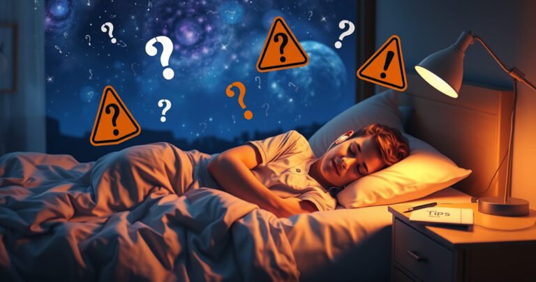 A cozy bedroom setting with a person peacefully sleeping, earbuds in, surrounded by floating question marks and caution signs. Soft, warm lighting highlights the serene atmosphere, while a bedside table holds a notepad with tips. The background features a dreamy night sky, blending safety symbols with sound waves, creating a visual contrast between comfort and caution.