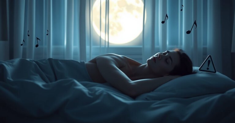 A serene bedroom at night, softly illuminated by moonlight filtering through sheer curtains. A person sleeps peacefully on a plush pillow, wearing sleek, wireless earbuds. Surrounding them are gentle musical notes floating in the air, symbolizing sound waves, while a subtle warning sign hovers nearby, hinting at the potential risks of nighttime listening.