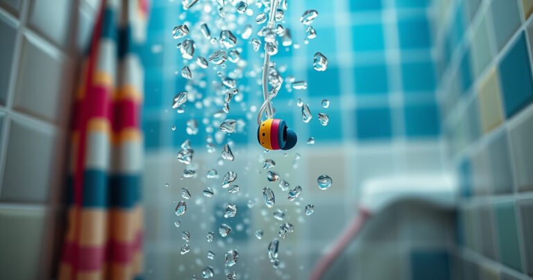 A close-up of colorful, water-resistant earbuds glistening under a cascade of shimmering water droplets in a vibrant, steamy bathroom setting. Soft, ambient light creates a cozy atmosphere, while a hint of a shower curtain and blurred bathroom tiles provide context, evoking the tension between technology and water.