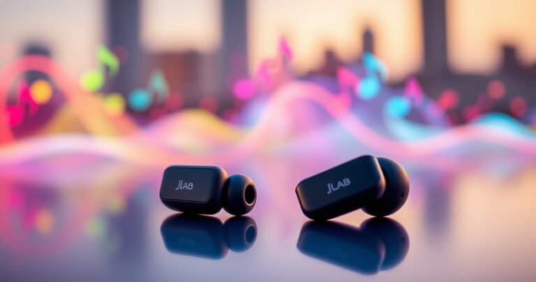 A close-up of sleek JLab earbuds resting on a vibrant soundwave backdrop, with colorful music notes swirling around them, evoking the essence of sound quality and performance. The earbuds gleam under soft, warm lighting, highlighting their modern design, while subtle hints of a cityscape in the background suggest an urban lifestyle.