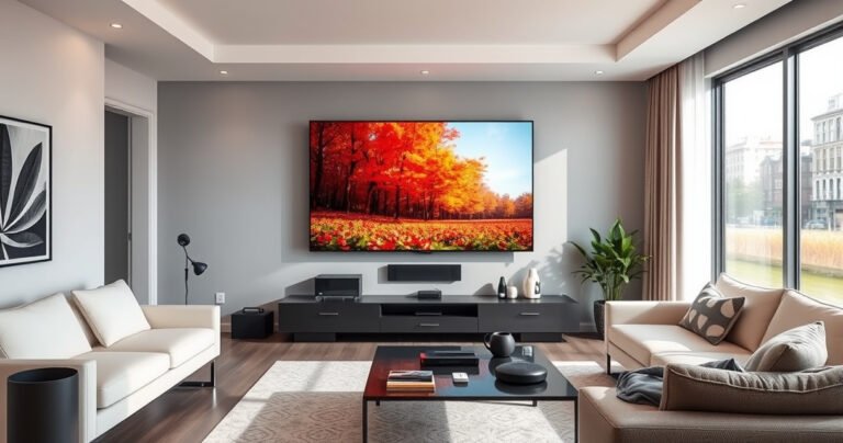 A sleek, modern living room featuring a large Sharp smart TV displaying vibrant colors of a nature scene. The room has minimalist decor with a cozy sofa, stylish lighting, and a coffee table adorned with tech gadgets. Bright sunlight filters through large windows, highlighting the TV’s crisp details and the inviting atmosphere of smart home technology.