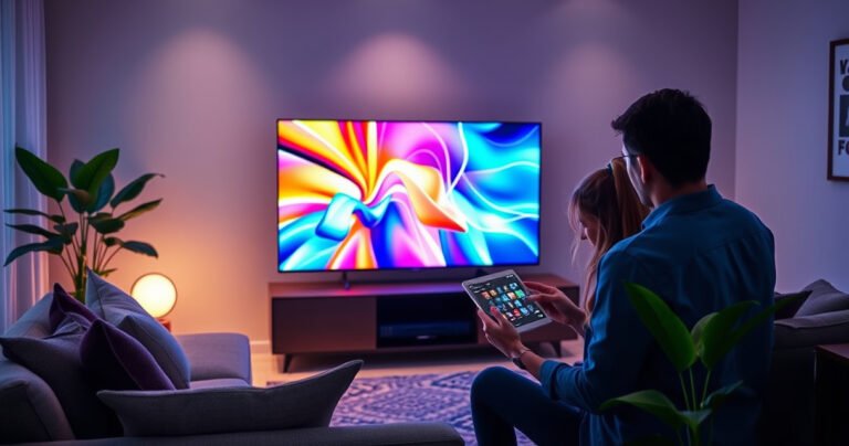 A sleek Toshiba Smart TV displayed in a modern living room, vibrant colors illuminating the screen with dynamic content. Surrounding it, cozy furniture and ambient lighting create a welcoming atmosphere. A curious viewer is analyzing features on a tablet, while a pop of greenery from a nearby plant adds freshness to the tech-savvy space.