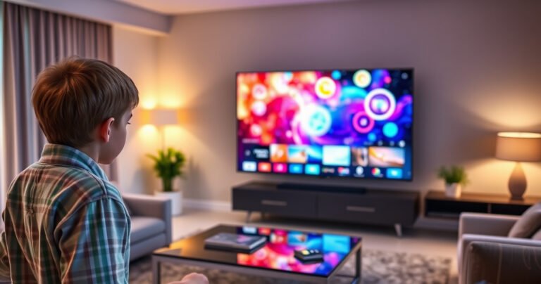 A sleek, modern living room featuring a large UHD smart TV displaying vibrant, high-resolution images. The room is filled with soft, ambient lighting and contemporary furniture, creating a cozy atmosphere. In the foreground, a curious viewer examines the TV's features, while a vivid array of colorful graphics emanate from the screen, highlighting clarity and detail.