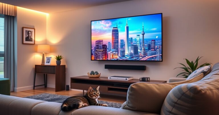 A sleek, modern living room with a Vizio 39-inch Tesla Smart TV mounted on the wall, displaying vibrant visuals of a futuristic cityscape. Soft, ambient lighting casts a warm glow, while a cozy couch and stylish decor enhance the inviting atmosphere. A curious cat lounges nearby, intrigued by the TV's dynamic content.