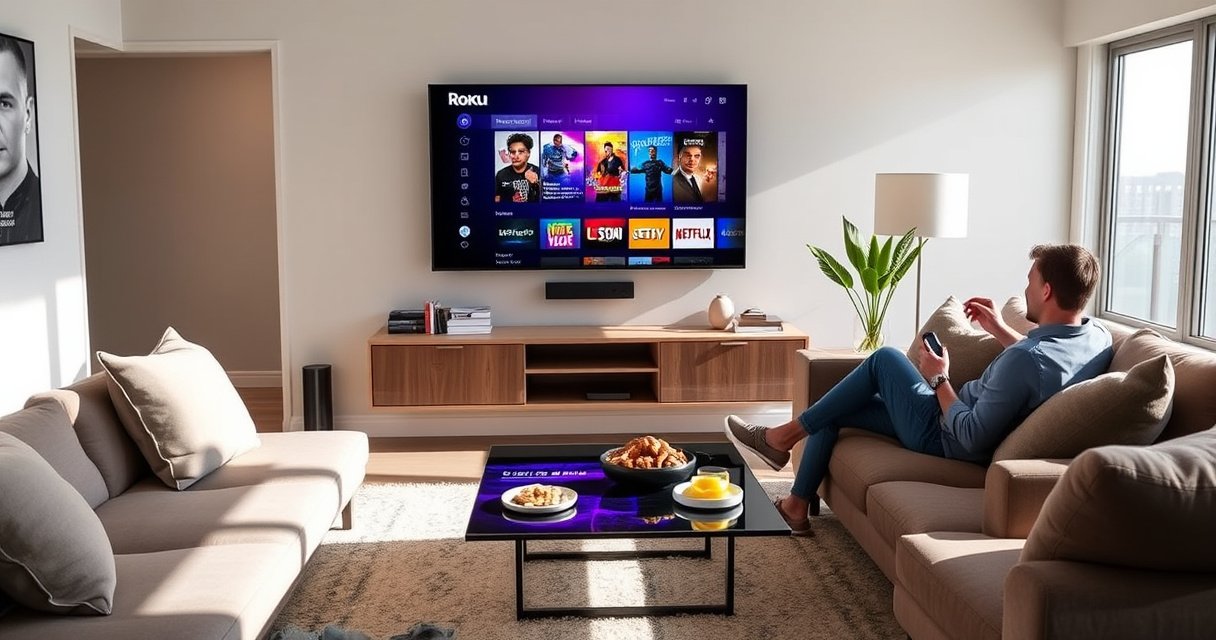 A sleek living room featuring a modern Roku TV mounted on the wall, displaying vibrant streaming content. Cozy furniture surrounds the TV, with a person casually lounging on a sofa, remote in hand. Sunlight filters through large windows, highlighting a stylish coffee table with snacks, creating a warm, inviting atmosphere perfect for tech discussions.