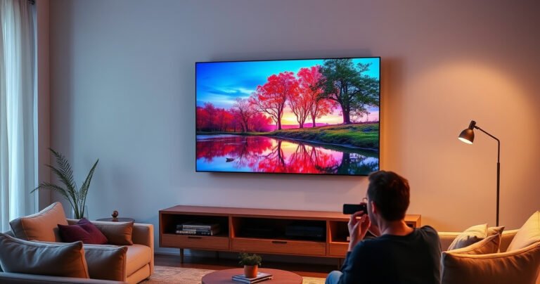 A sleek Sony Bravia TV mounted on a modern living room wall, glowing with vibrant colors from a scenic nature landscape. Cozy furniture arranged around, soft ambient lighting casting warm shadows, while a person interacts with the TV using a remote, showcasing smart features like streaming apps and voice control, emphasizing tech-savvy home entertainment.