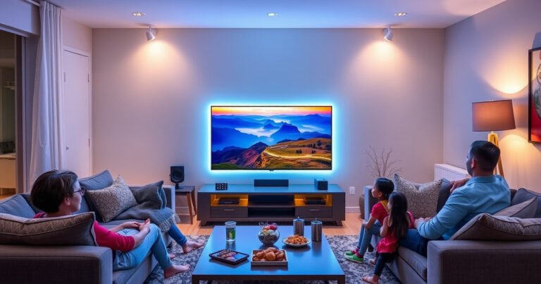 A sleek Toshiba Smart TV glowing in a modern living room, surrounded by cozy furniture, with a family enjoying a movie night. Soft lighting highlights the vibrant colors on the screen, showcasing a stunning landscape. A coffee table is adorned with snacks and drinks, creating an inviting atmosphere that captures the essence of home entertainment.