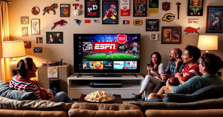 A vibrant living room scene showcasing a sleek Vizio Smart TV displaying the ESPN app interface, surrounded by excited sports fans on a cozy couch, popcorn scattered around, colorful sports memorabilia adorning the walls, and a warm glow from a nearby lamp, creating an inviting atmosphere perfect for game day.