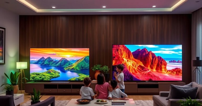 A vibrant living room scene showcasing the Samsung S90H and Hisense U7N TVs side by side, each displaying stunning, colorful landscapes. Soft ambient lighting highlights sleek designs, while a family gathers around, engaged and excited. Decorative plants and modern furniture create a cozy atmosphere, emphasizing the TVs as focal points in this tech-savvy home.