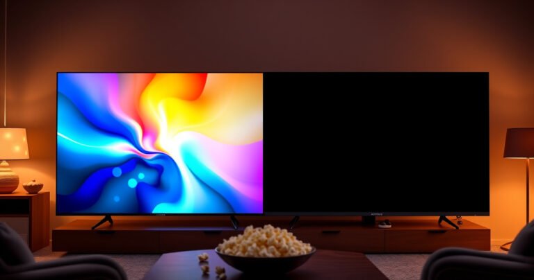 A split-screen image showcasing a sleek Samsung S90H TV on one side, vibrant colors radiating from its display, and a Hisense U7Q on the other, with deep blacks and sharp contrast. Surround the TVs with a cozy living room setting, popcorn on a table, and a warm glow from soft lighting, inviting viewers to imagine their perfect movie night.