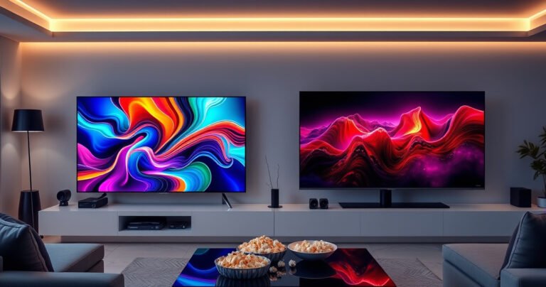 A sleek modern living room featuring two stunning televisions side by side, one displaying vibrant colors and sharp detail from the Samsung S90H, the other showcasing deep blacks and vivid contrast from the Hisense U7SG. Soft ambient lighting illuminates the space, highlighting the sleek designs, with a cozy sofa and popcorn scattered on a stylish coffee table.