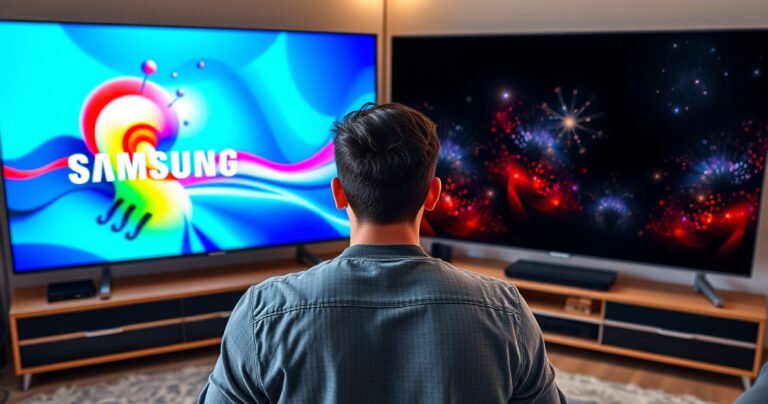A split-screen scene showcasing a vibrant Samsung S90H display on one side, featuring vivid colors and sleek design, while the Hisense U8K on the other shines with deep blacks and rich contrast. A tech-savvy individual examines both TVs, surrounded by a modern living room, highlighting the excitement of choosing between cutting-edge technology.