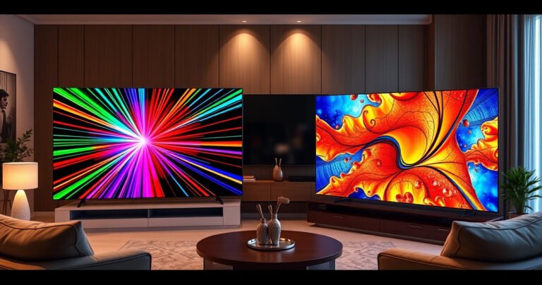 A modern living room scene showcasing two stunning TVs side by side: the Samsung S90H radiating vibrant colors and deep blacks, while the Hisense U8N displays sharp brightness and vivid contrast. The room is stylishly adorned with soft lighting, a cozy sofa, and a warm ambiance, inviting viewers to compare the technological marvels in an engaging atmosphere.