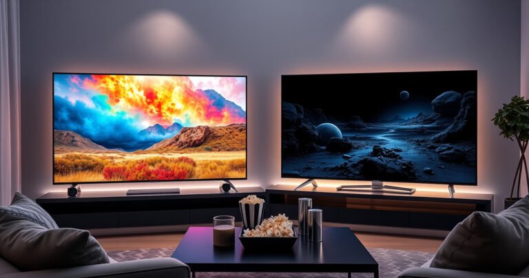 A modern living room with two sleek televisions side by side, one featuring vibrant colors and sharp details displaying a nature scene, the other showcasing a dark sci-fi landscape with deep contrasts. The room is stylishly decorated, with a cozy sofa, soft lighting, and a coffee table adorned with popcorn and drinks, inviting viewers to compare.