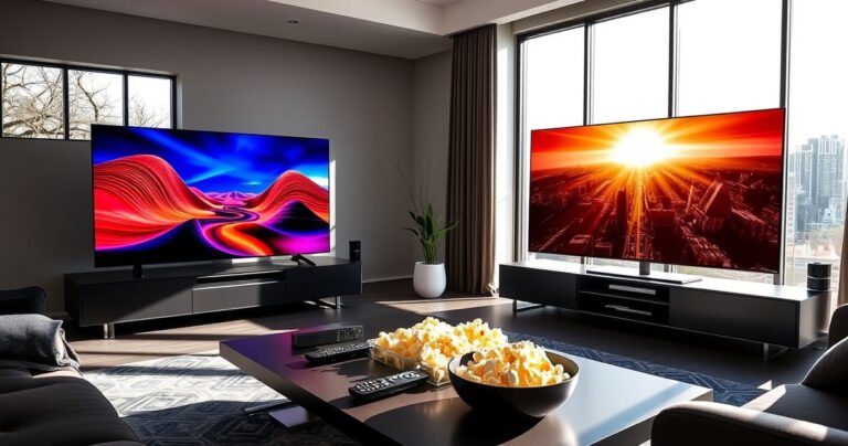A sleek, modern living room showcasing two stunning televisions: the Samsung S90H on the left with vibrant colors and deep blacks, and the Hisense U9S on the right, displaying a brilliant HDR scene. Bright sunlight streaming through large windows, casting shadows on a stylish coffee table adorned with remote controls and popcorn, creating an inviting atmosphere.