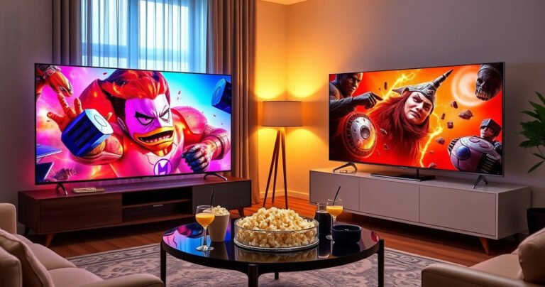 A sleek Samsung S90H and a modern Hisense UR8 stand side by side in a stylish living room, each showcasing vibrant, cinematic visuals on their screens. The warm glow of ambient lighting highlights the elegant designs, while a cozy couch and a coffee table adorned with popcorn and drinks invite viewers to choose their preferred TV for ultimate entertainment.