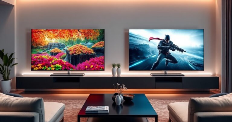 A sleek living room featuring two stunning televisions side by side: the Samsung S90H with vibrant colors displaying a nature scene, and the Hisense UX showcasing a cinematic action movie. Soft ambient lighting highlights their designs, while a cozy couch and a stylish coffee table complete the modern aesthetic, inviting viewers to debate their superiority.
