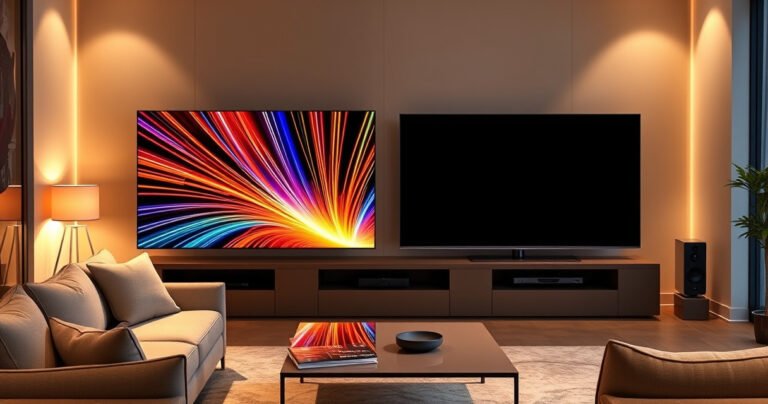 A split-screen view showcasing the Samsung S90H on one side, radiating vibrant colors and sharp details, while the LG B5 OLED on the other side glows with deep blacks and rich contrast. A high-tech living room setting surrounds them, with a cozy sofa, ambient lighting, and a sleek coffee table, emphasizing the ultimate home theater experience.