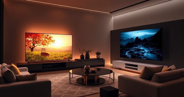 A sleek modern living room showcasing two OLED televisions side by side, the Samsung S90H on the left with vibrant colors illuminating a nature scene, and the LG B6 on the right displaying a darker, moody cinematic landscape. Luxurious furniture and ambient lighting create a cozy yet high-tech atmosphere, inviting viewers to explore the ultimate viewing experience.
